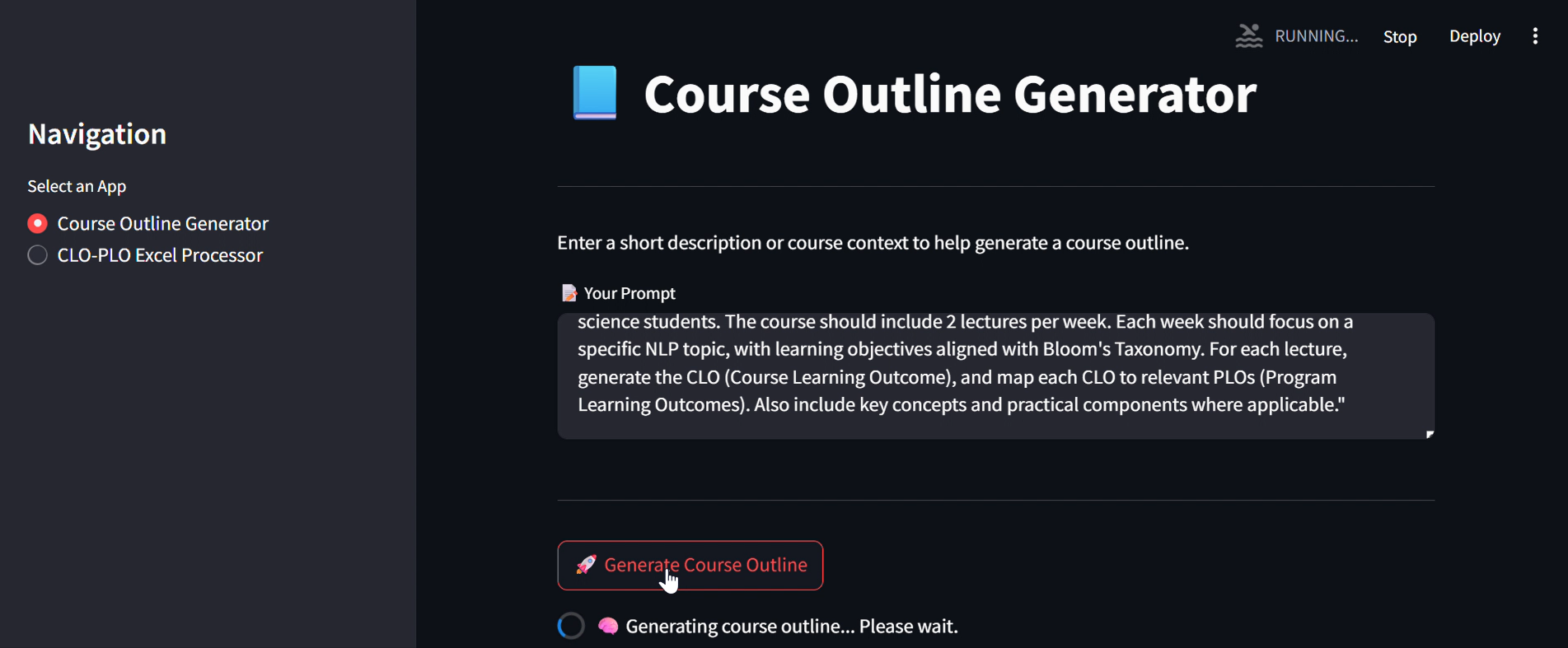 Course Craft CLO–PLO mapping tool screenshot