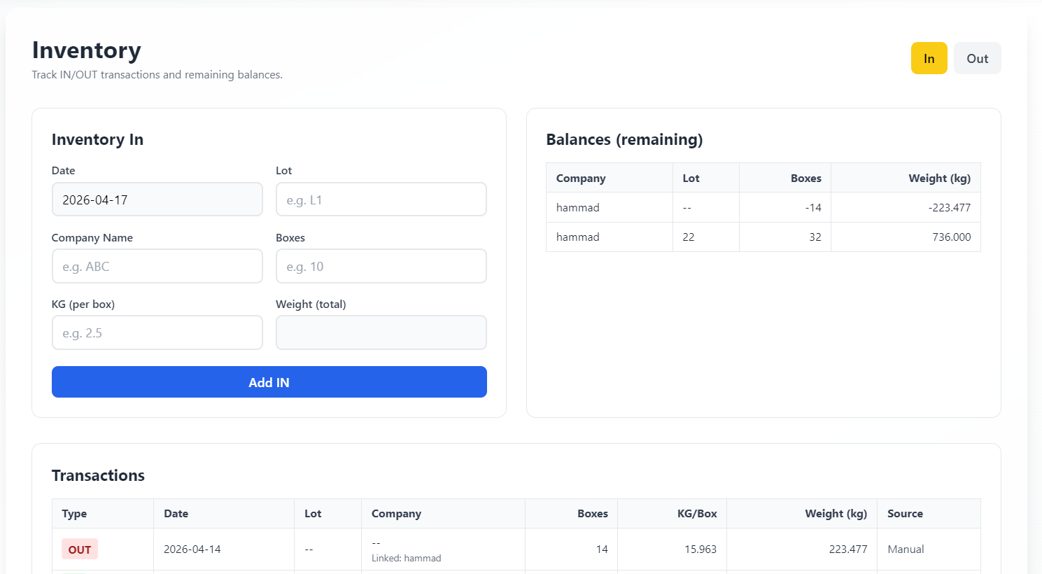 Industrial weight ticket system dashboard